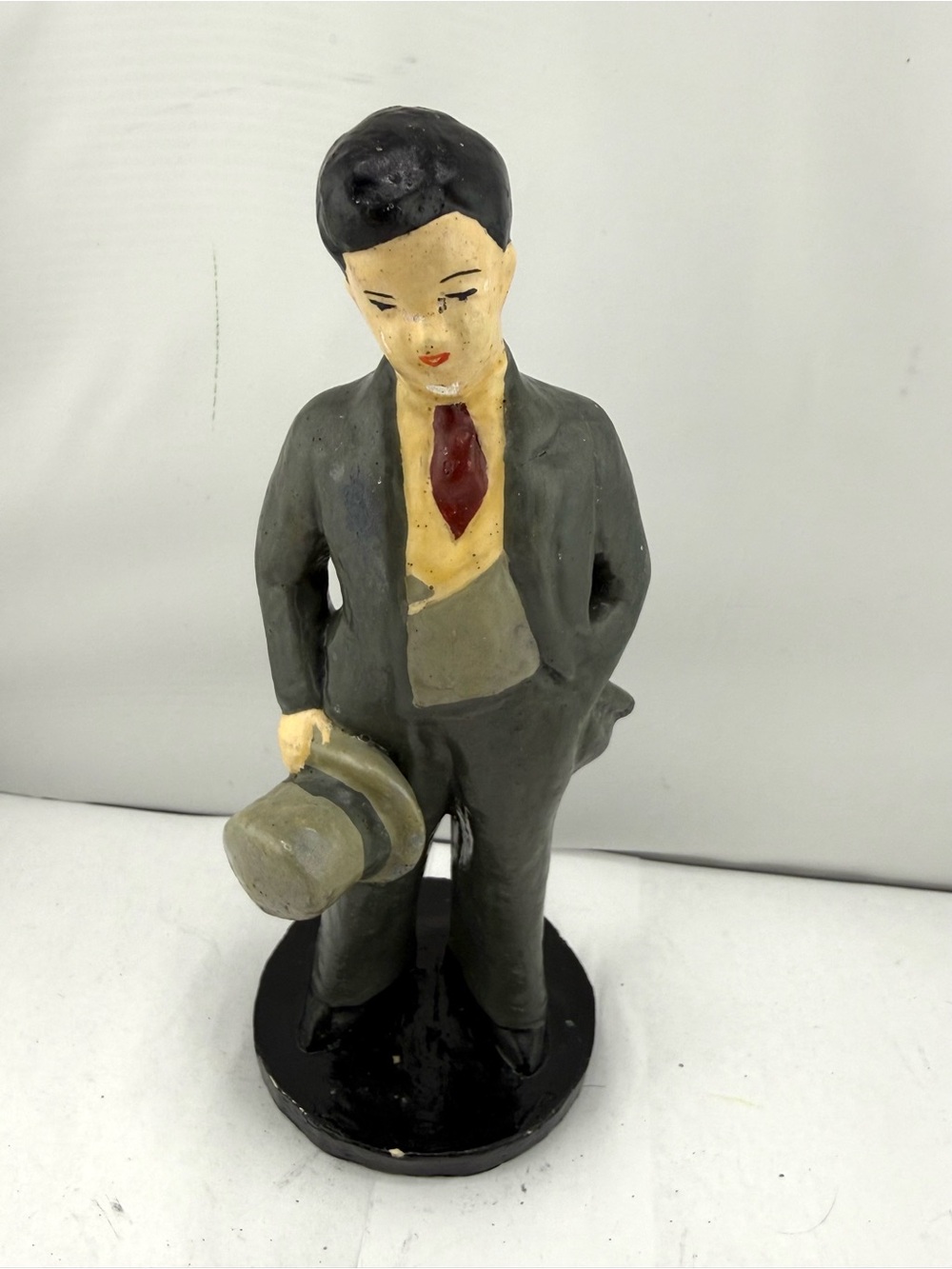 Vintage Chalkware Character Statue Young Man In Suit Holding Top Hat